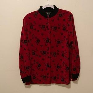 54-1 NOTATIONS red black floral mandarin collar long sleeve button up top L
